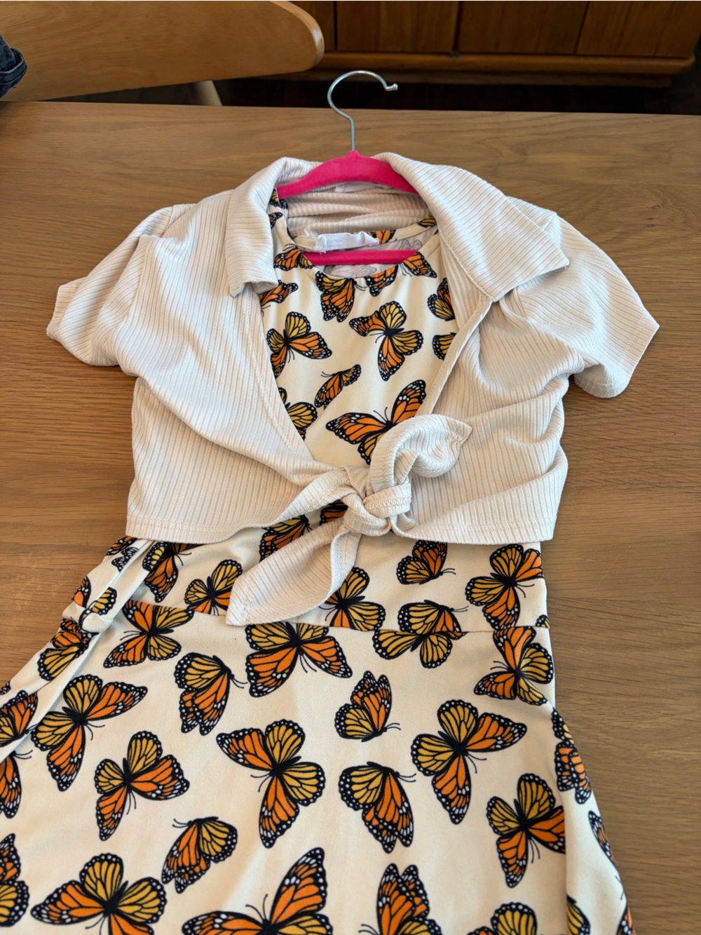 Girls Beautees Cream Spring Dress with Orange Butterfly Print and cropped top - Picture 3 of 3